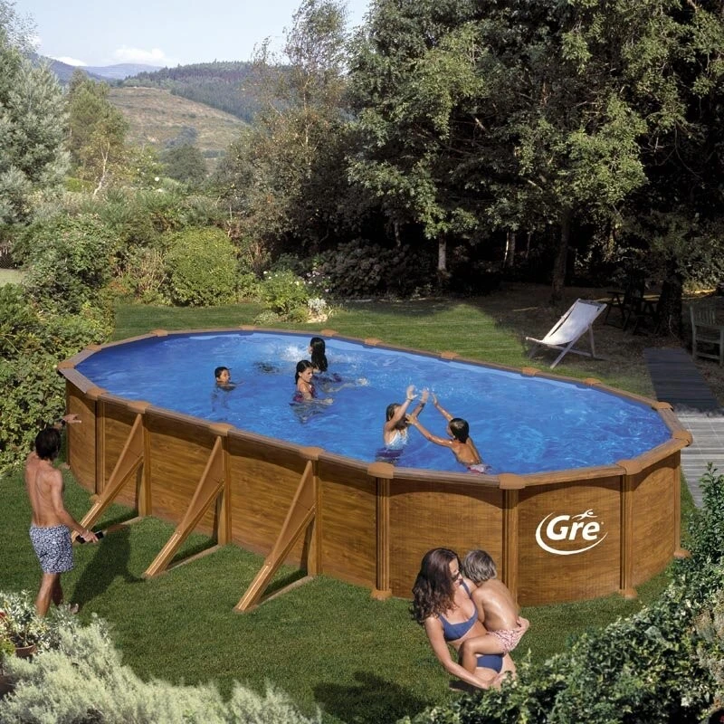 Сглобяем овален басейн с външни подпори GRE MAURITIUS, 7.30х3.75х1.32 м, имитация дърво